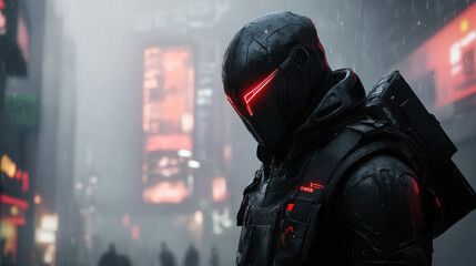 Poster - A man in a black suit with red lights on his face stands in front of a city stre