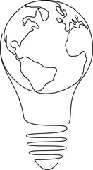 Wall Mural - continuous line drawing of light bulb with earth globe inside. one line world map in lamp vector ill