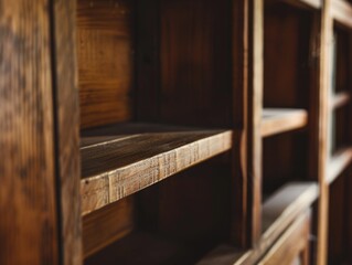 Wall Mural - The wooden shelves are empty and the wood grain is visible. The shelves are tall and narrow, with a few empty spaces between them