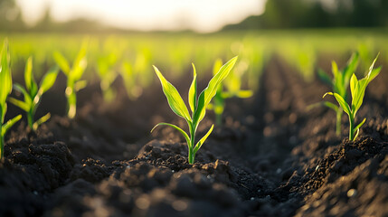 Corn seedlings in field, fresh green maize sprouts on agricultural plantation  