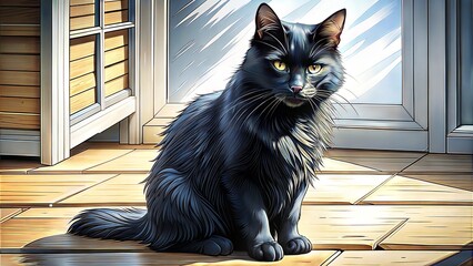 Attentive black cat sitting on dark wooden floor with luminous eyes