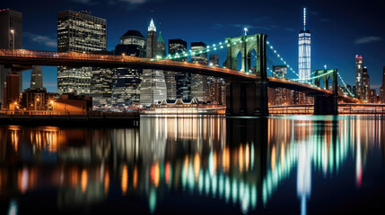 Poster - New York City Bridge and Skyline at Night