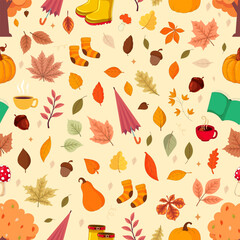 Autumn time, autumn, leaves, trees, rubber boots, seamless pattern