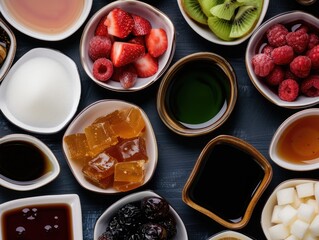 Wall Mural - A variety of fruits and condiments are displayed in bowls on a table. The bowls are arranged in a way that creates a visually appealing and inviting display. The fruits include strawberries, kiwis