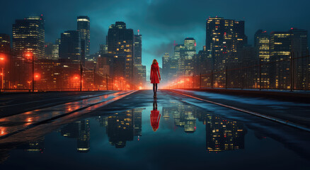 Wall Mural - Lone Figure in Red Coat on Reflective City Street