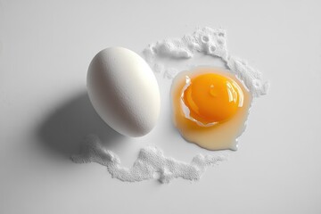 A white egg with a yellow yolk is on a white surface. Concept of fragility and vulnerability, as the egg is easily broken