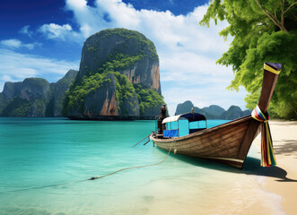 Sticker - Scenic Tropical Beach with Traditional Boat