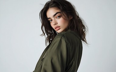 Stylish Woman in Green Bomber Jacket Posing Against White Background | Cinematic Fashion Editorial