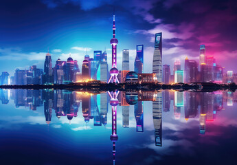 Wall Mural - Vibrant Neon City Skyline Reflection