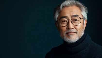 Wall Mural - beautiful asian senior man wearing sweater in glasses on black background with copy space, minimalistic portrait