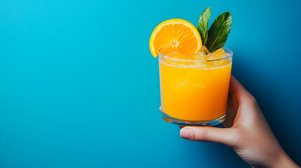 Female hand holding cocktail with orange juice against blue background. New York sour traditional cocktail. Concept of alcohol and non-alcohol drink, party, holidays, bar. Poster. Copy space for ad  