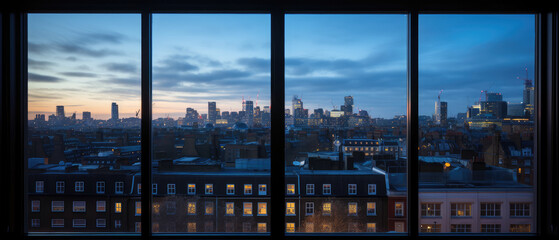 Poster - Urban Cityscape at Sunrise Through Window