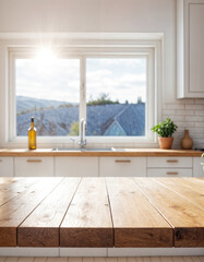 kitchen table background, wood counter top on blur of white clean abstract home interior with bokeh. used for display or montage your wooden for dining background. table banner