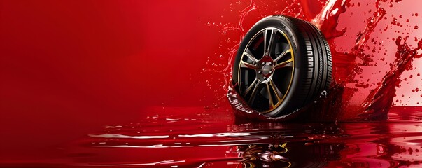 Car Tire Splashing Through Red Liquid