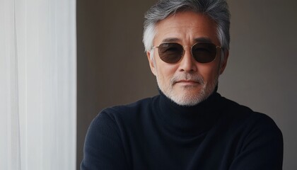 Wall Mural - minimalistic portrait of beautiful asian senior man in sunglasses wearing in dark blue sweater, modern businessman