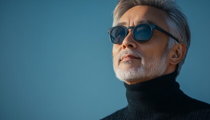 Wall Mural - beautiful asian senior man in sunglasses with grey hair and beard wearing in dark blue sweater looks up, minimalistic portrait