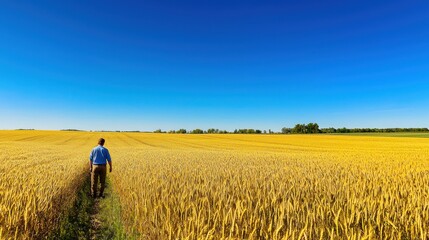 A farmer inspecting a field of golden wheat under a clear blue sky