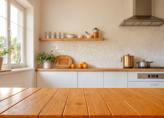 Green Empty wooden table with the bright white interior of the kitchen as a blurred background behind the bokeh golden sunshine