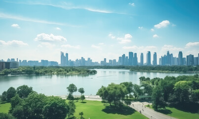 Poster - Tranquil Cityscape with Lake and Park