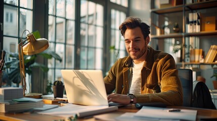 Aufkleber - An office with large windows, a professional young man smiles as he sits at his desk, working on his laptop, with a modern desk lamp and some paperwork next to him. Generative AI.