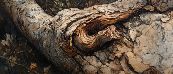 Oil painting showcasing the texture of wood and an ancient tree highlighting natural wood patterns and the character of aged foliage