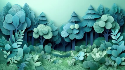 Paper art style forest with layered cut-outs and intricate trees.