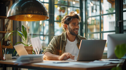Poster - An office with large windows, a professional young man smiles as he sits at his desk, working on his laptop, with a modern desk lamp and some paperwork next to him. Generative AI.