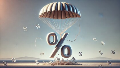 a 3d percentage symbol floating down with a parachute, symbolizing financial stability, controlled d