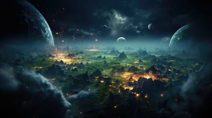 Wall Mural - a dramatic night breathtaking sky view of a scattered vibrant star and clouds forming nebula showcasing swirling of gas and dust