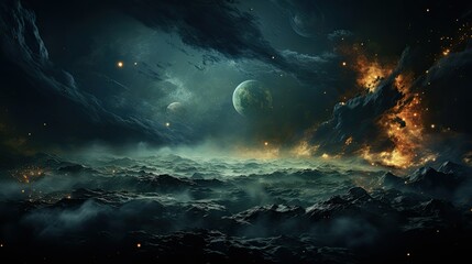 Wall Mural - a dramatic night breathtaking sky view of a scattered vibrant star and clouds forming nebula showcasing swirling of gas and dust