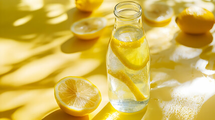 Wall Mural - Glass bottle with lemon water drink detox at sunlight on yellow background. Healthy infused water boost metabolism and weight loss. Top view Aesthetic still life, refreshing summer drink  