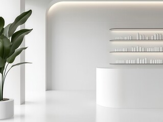 Wall Mural - Modern white pharmacy store, glass shelves with minimalistic design, bright lighting, sleek counters, 3D Render, Futuristic