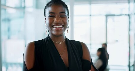 Canvas Print - Business, woman and face with arms crossed in office for career pride, finance job and corporate joke. Financial analyst, african employee and laughing portrait at workplace for professional service