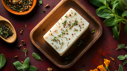 Handmade vegan soap bar with fragrant herbs on wooden soap dish over red brown background.Making herbal soap with natural ingredients at home. Top view, flat lay style  