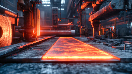 Wall Mural - A red-hot steel bar sits on the rolling mill table, casting a glow on the floor and surrounded by large pipes and industrial machinery