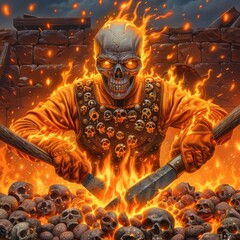 Flaming Skull Sorcerer With Burning Skulls