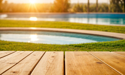 Image of wood table in front of swimming pool blur background. Brown wooden desk empty counter front view of the poolside on beautiful beach resort and outdoor spa.