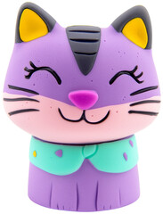 Cute purple cat figurine with a happy expression and colorful details. Perfect for playful decor or children's toys. cut out, PNG, isolated on transparent background.