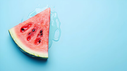 Wall Mural - Melting watermelon slice on blue background with space for text. Creative summer composition.  