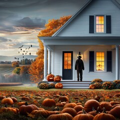 Wall Mural - Autumnal Farmhouse with Jack O Lanterns and Fall Foliage