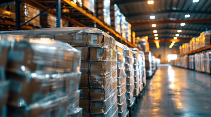 Poster - Pallet of wrapped food products in warehouse. Generative AI.