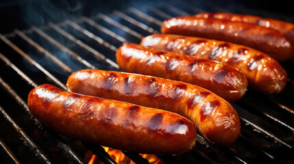 Sizzling Hot Grilled Sausages on Barbecue Grill