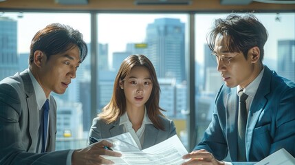 Poster - Korean business team, negotiating an acquisition deal in a high-rise office, city skyline visible through large windows, team members and clients reviewing documents, serious and focused expressions.