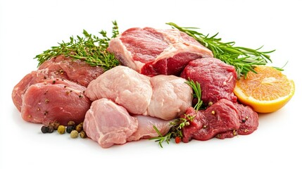 Raw meat, chicken, and beef isolated on a white background