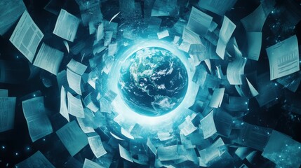 A blue planet with a lot of paper flying around it