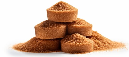 Wall Mural - Brown sugar stacked in mounds on a white background showcasing a sweet cooking ingredient