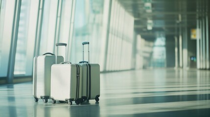 Wall Mural - Two suitcases stand unattended in an empty airport hall, awaiting their owner as they prepare for their journey.