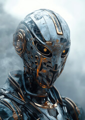 Poster - A robot with a gold face and silver body