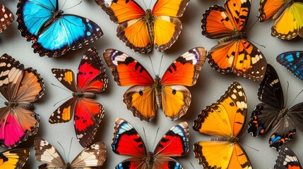 Wall Mural - A collection of vibrant, colorful butterflies arranged in a pattern against a white background.