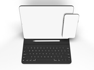 Canvas Print - modern digital tablet, smartphone empty screen with keyboard and pen. mockup template for presentati